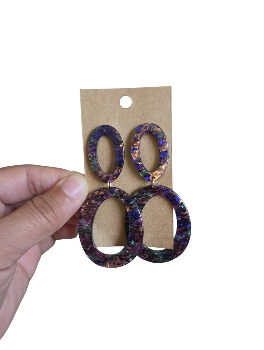 Purple Marbled Double Oval Drop Earrings 3" New